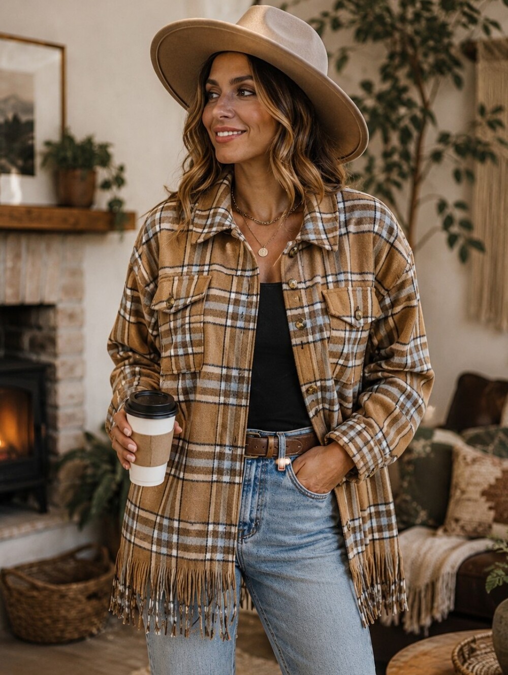 Boho Chic Shacket Jacket Shirt Fringe Plaid Black Blue Brown Button Western M